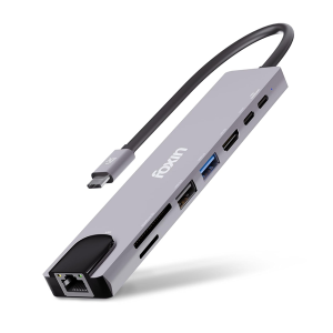 Foxin 8-in-1 Type C Hub, 100W PD Charging, Aluminium Multiport Adapter, 4K HDMI, 100 Mbps RJ45 LAN Ethernet Port, USB 2.0 & 3.0, 2X Type C