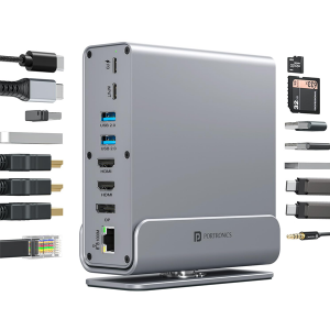 Portronics MPort Vault Pro 15-in-1 Type-C Metal Docking Station, Dual 4K@30Hz HDMI, 8K@30Hz DP, Triple Display Outpt, 100W PD