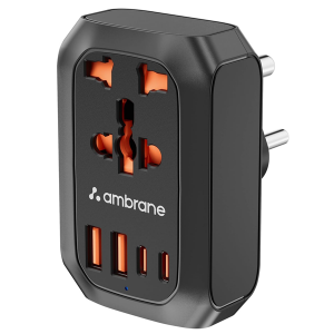 Ambrane 5-in-1 MultiPort Adapter with Universal AC Socket, 2 x Type C, 2 x USB, 2500W AC Output, 20W USB & PD Output, Ideal for Tight Spaces/Bedside