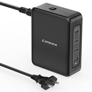 Ambrane 150W Fast Charger for All Mobiles, Type C Laptops - MacBook All Models & Windows Type C Laptops, 4 Ports - 3 Type C, 1 USB, GaN Adapter