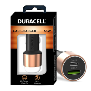 Duracell 65W Fast Car Charger Adapter with Dual Output. Quick Charge, Type C PD 45W & Qualcomm Certified 3.0 20W, Compatible for iPhone