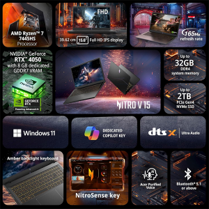 Acer Nitro V 15, AMD Ryzen 7-7445HS, NVIDIA GeForce RTX 4050-6 GB, 16GB DDR5, 512GB SSD, FHD IPS, 15.6"/39.62cm, 165Hz, Win 11 Home, Obsidian Black