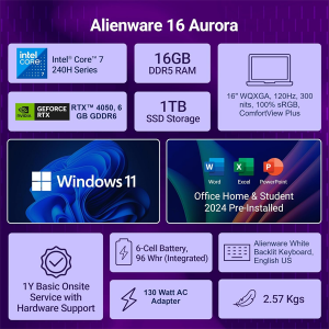 Alienware 16 Aurora Gaming Laptop, Intel Core 7 240H, 16GB, 1TB SSD, 16" (40.64cm) WQXGA 300 Nits, NVIDIA RTX 4050, 6GB GDDR6, Backlit KB