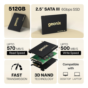 GEONIX SATA 2.5" 512GB Internal Solid State Drive/SSD with SATA III Interface, 6Gb/s | Read/Write Speed Upto - 570/500 MB/s | Quad Channel Controller