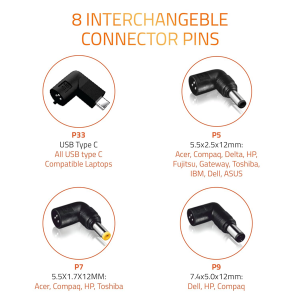 Artis 65Watt Universal Laptop Adapter with 8 Interchangeable Connector pins (Power Cord Included) Compatible with USB Type C/Dell/HP/Lenovo/ASUS/Acer