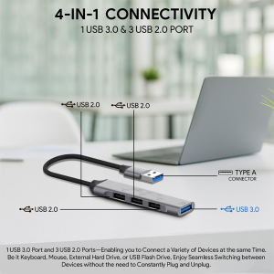 Amkette 4 Port USB Hub for Laptop/PC with USB 3.0 Port for 5 Gbps Superspeed Data Transmission,1*USB 3.0 Ports, 3*USB 2.0 Port,Sleek Metal Design