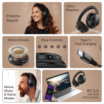 pTron Studio Evo 70hrs Playtime Wireless Over Ear Headphones with HD Mic, Low-Latency Game/Movie/Music Modes, Punchy Bass, BT5.3, Dual Device Pairing