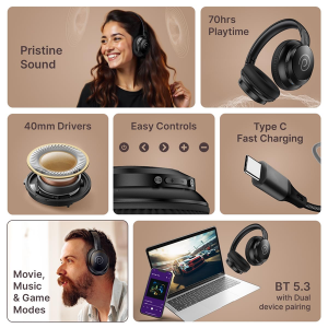 pTron Studio Evo 70hrs Playtime Wireless Over Ear Headphones with HD Mic, Low-Latency Game/Movie/Music Modes, Punchy Bass, BT5.3, Dual Device Pairing