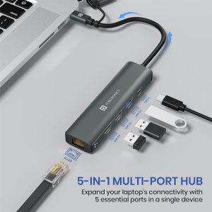 Portronics Mport Edge,5 Ports Dual USB Hub Dock, Superfast USB 3.0, High Speed 2.0, Type-C 5V2A Port, 100 Mbps RJ45 Ethernet, Versatile & High-Speed