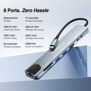 HAMMER 8-in-1 USB-C Hub | 100W PD Charging, 5Gbps Data Transfer, HDMI 4K, (RJ45) Ethernet Port, SD/TF Card Reader, USB 3.0 & 2.0 | Multiport Adapter