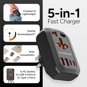 Ambrane 5-in-1 MultiPort Adapter with Universal AC Socket, 2 x Type C, 2 x USB, 2500W AC Output, 20W USB & PD Output, Ideal for Tight Spaces/Bedside