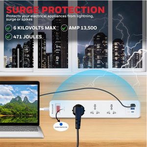 Honeywell 3 Out Surge Protector with Master Switch, Spike Guard/Extension Board, 3 Outlet, PD20W & 2xUSB, 13500Amp, 1.8 Meter Cord, DSW