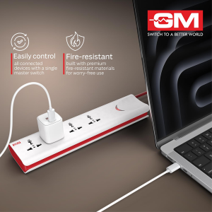 GM 3060 Extension Board 10Amp Output 250 Volts with 2 Mtr Extension Cord & Surge Protector | Master Switch, Safety Shutter, 4 International Sockets