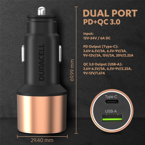 Duracell 65W Fast Car Charger Adapter with Dual Output. Quick Charge, Type C PD 45W & Qualcomm Certified 3.0 20W, Compatible for iPhone