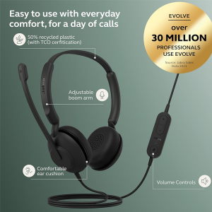 Jabra Evolve 10, On Ear Noise Cancellation Mic with Fully Adjustable Boom Arm and USB-A Connectivity Stereo Headset