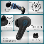 Philips TAT1269 Bluetooth Truly Wireless in Ear Earbuds with mic, 13mm Drivers, Bluetooth 5.4, 40H Playtime, IPX5, Fast Charging, Touch Controls