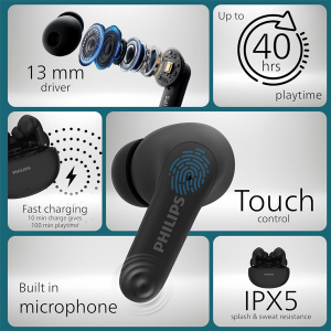 Philips TAT1269 Bluetooth Truly Wireless in Ear Earbuds with mic, 13mm Drivers, Bluetooth 5.4, 40H Playtime, IPX5, Fast Charging, Touch Controls