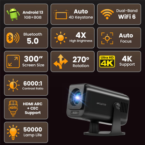 WZATCO Yuva Go Pro Fully Automatic Native 1080P Projector 4k Ultra HD, 12000 Lumens, Android 14, Rotatable Design, Room Home Cinema, ARC