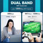 Dual Band 1200Mbps WiFi Range Extender | 5GHz Signal Booster with 4 Antennas | Covers Large Homes | Supports 20 Devices | LAN Port & Access Point