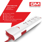 GM 3060 Extension Board 10Amp Output 250 Volts with 2 Mtr Extension Cord & Surge Protector | Master Switch, Safety Shutter, 4 International Sockets