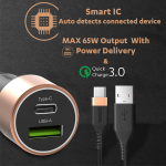Duracell 65W Fast Car Charger Adapter with Dual Output. Quick Charge, Type C PD 45W & Qualcomm Certified 3.0 20W, Compatible for iPhone